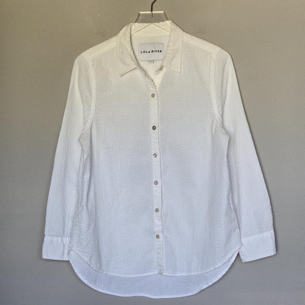 Lola River White Gauzy Seesucker Cotton Button-Down Shirt Women's Size L - Picture 7 of 8